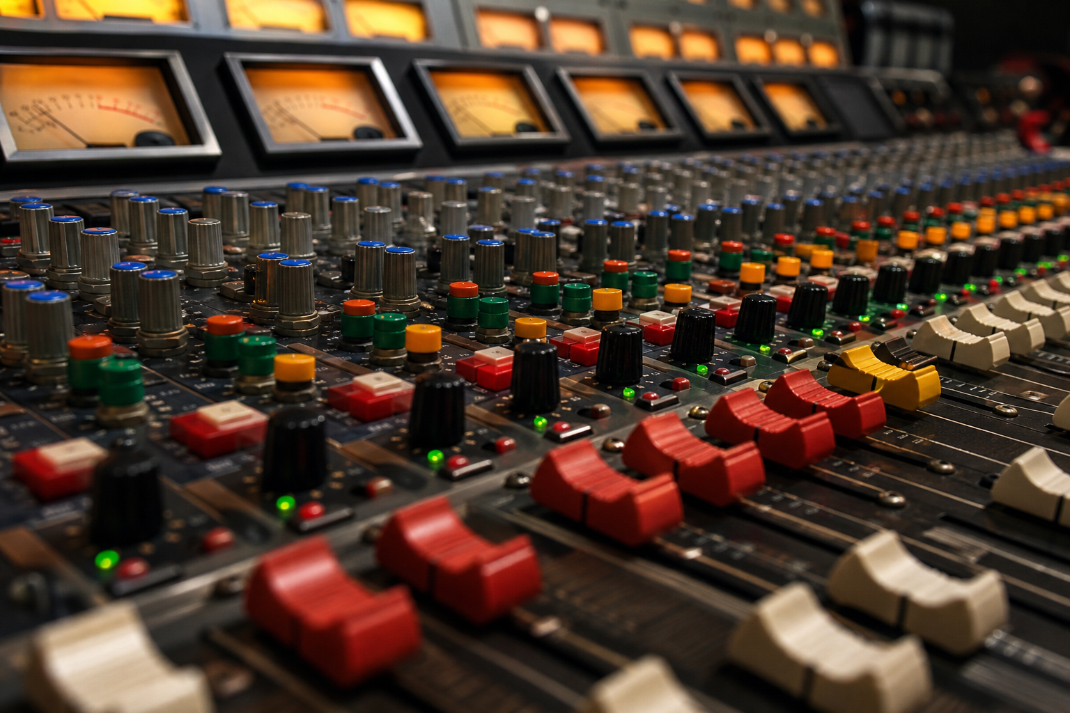 Close-up of mixing console faders and knobs