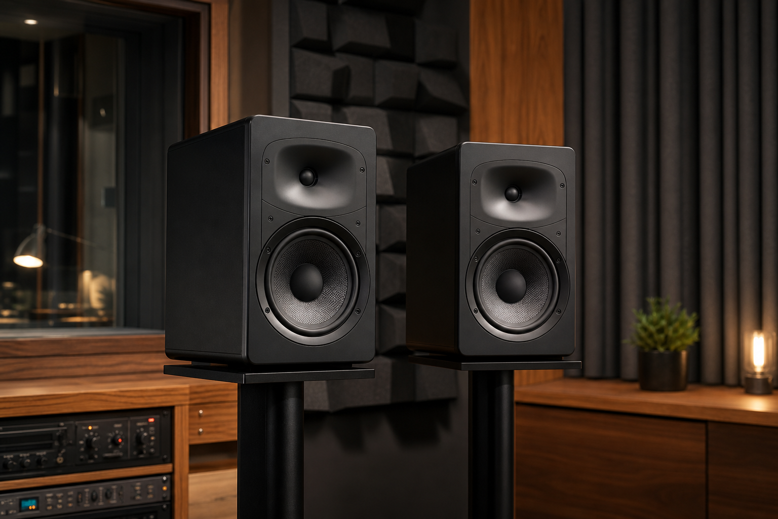 Studio monitor speakers in an acoustically treated room