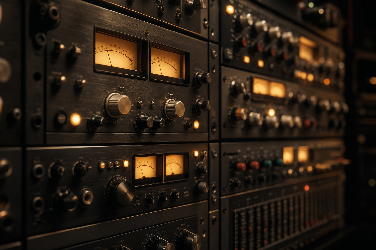 Rack of vintage analog outboard gear with glowing VU meters