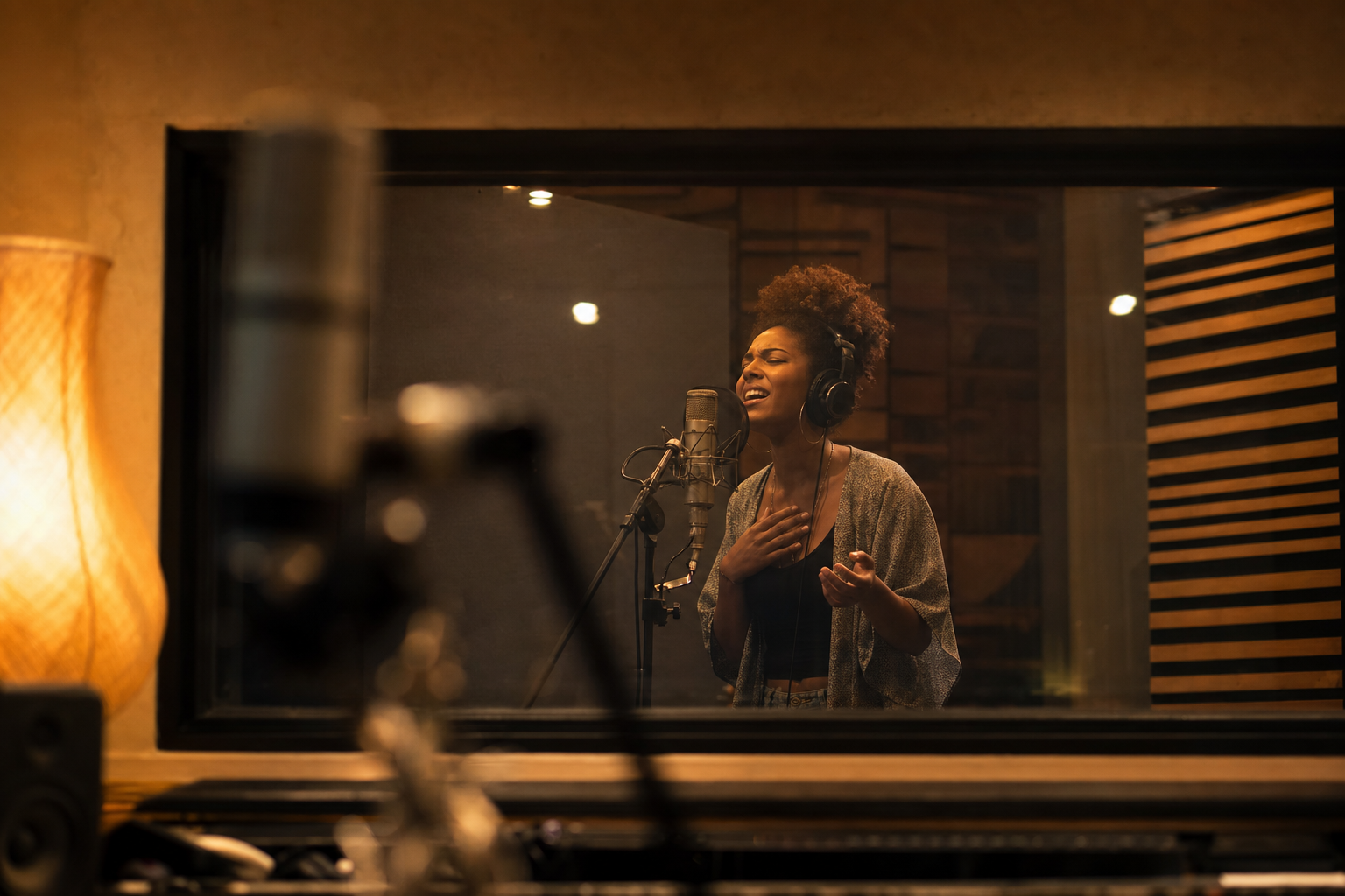 Artist recording vocals in a booth visible through glass